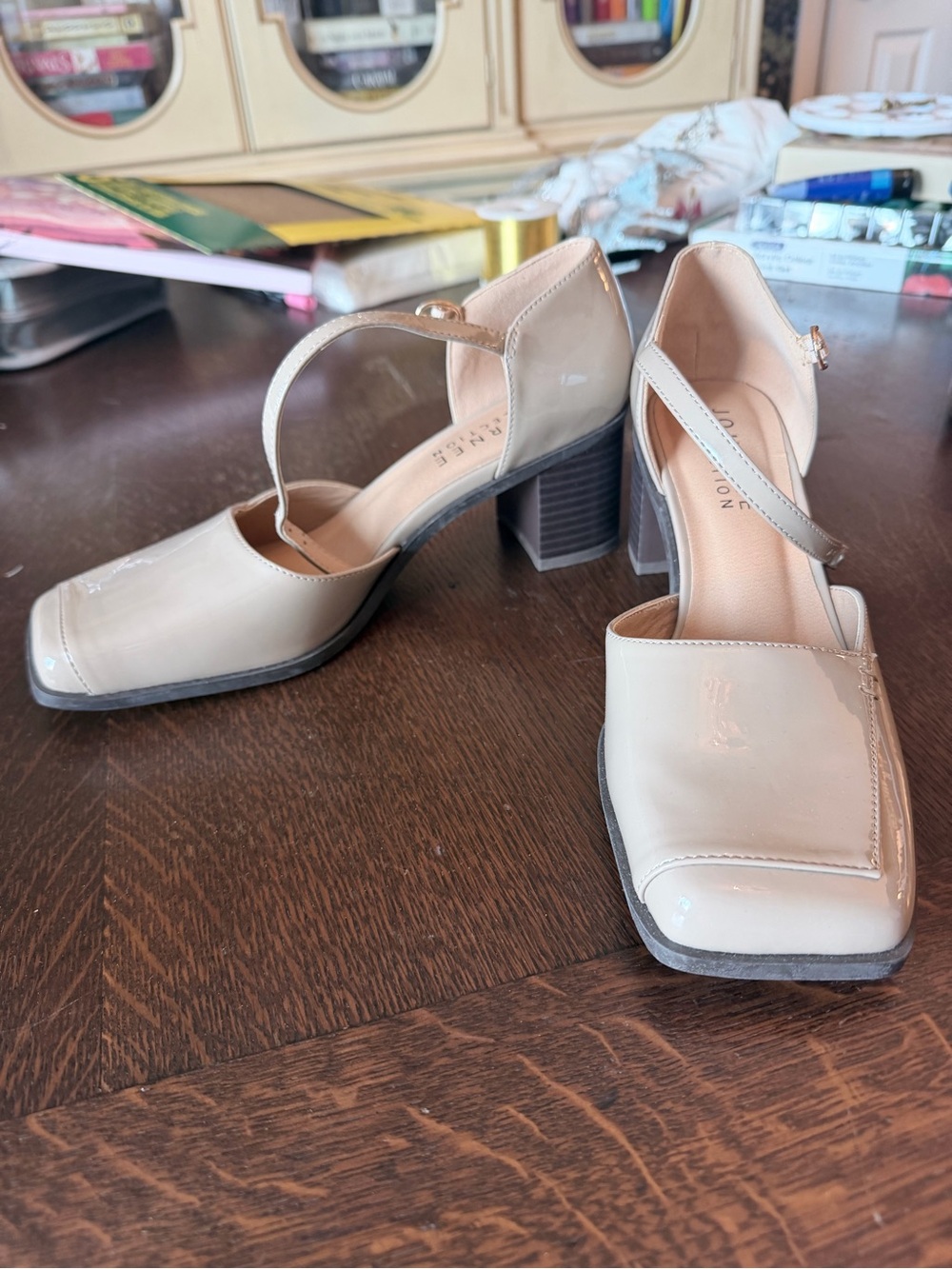 Journee Collection Beige Patent Square-Toe Mary Jane Block Heels